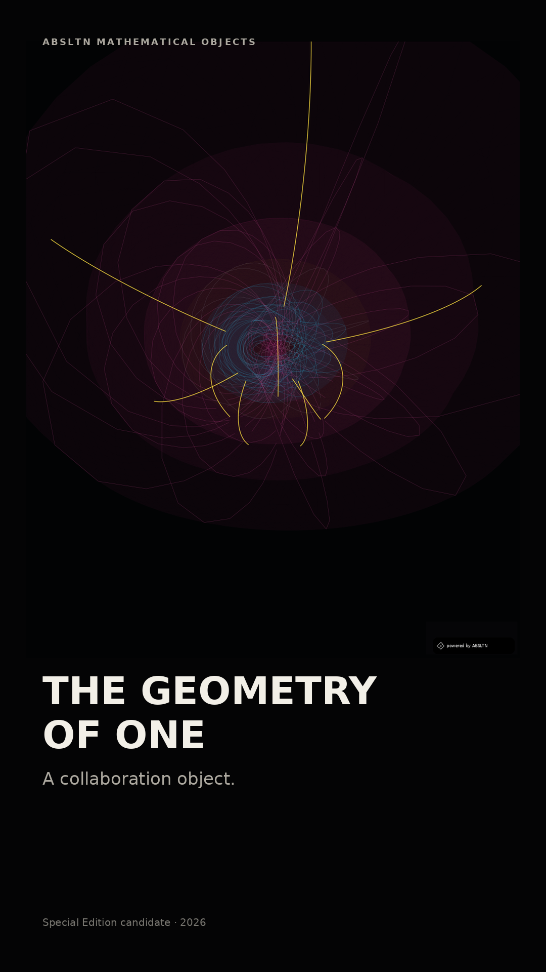 The Geometry of One: luminous magenta and blue linked geometry with exact gold arcs against black.